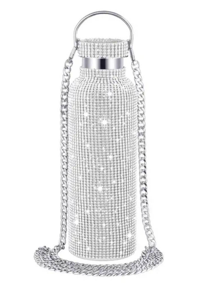 ارواق كوب حراري لامع سعة 500 مل مع سلسلة زجاجة بلينغ مع أغطية من الفولاذ المقاوم للصدأ لزجاجة مياه للنساء والفتيات - Image 1