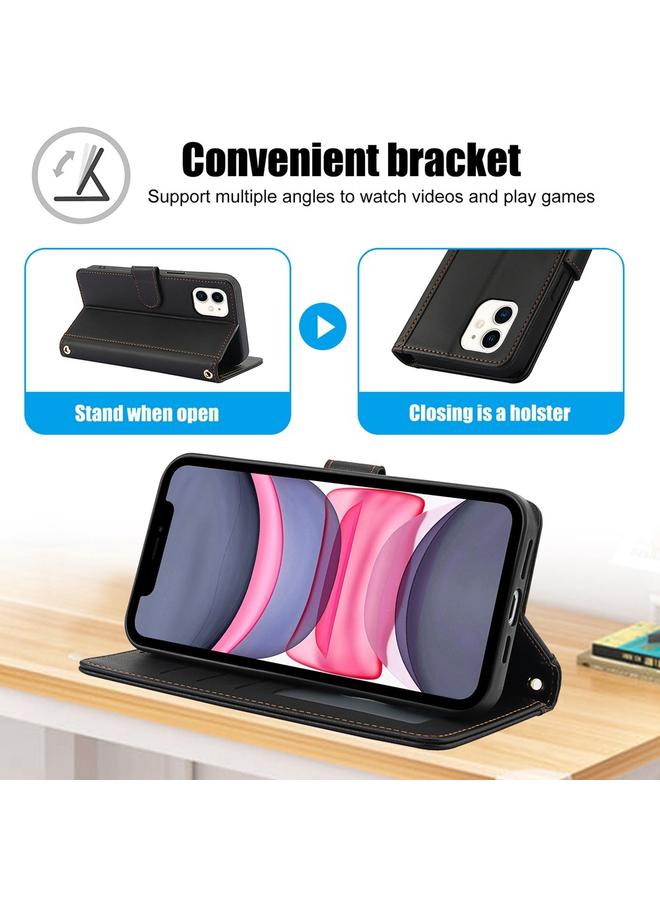 زبون جراب لهاتف iPhone 12 / 12 Pro مصنوع من الجلد بلون نقي وفتحات للبطاقات مع حبل مزدوج - Image 3