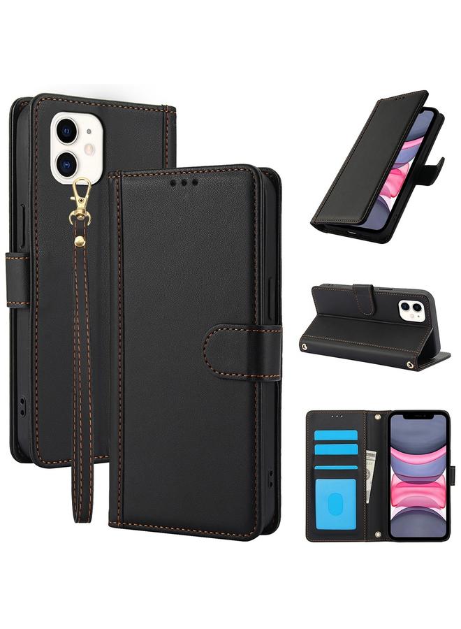 زبون جراب لهاتف iPhone 12 / 12 Pro مصنوع من الجلد بلون نقي وفتحات للبطاقات مع حبل مزدوج - Image 1