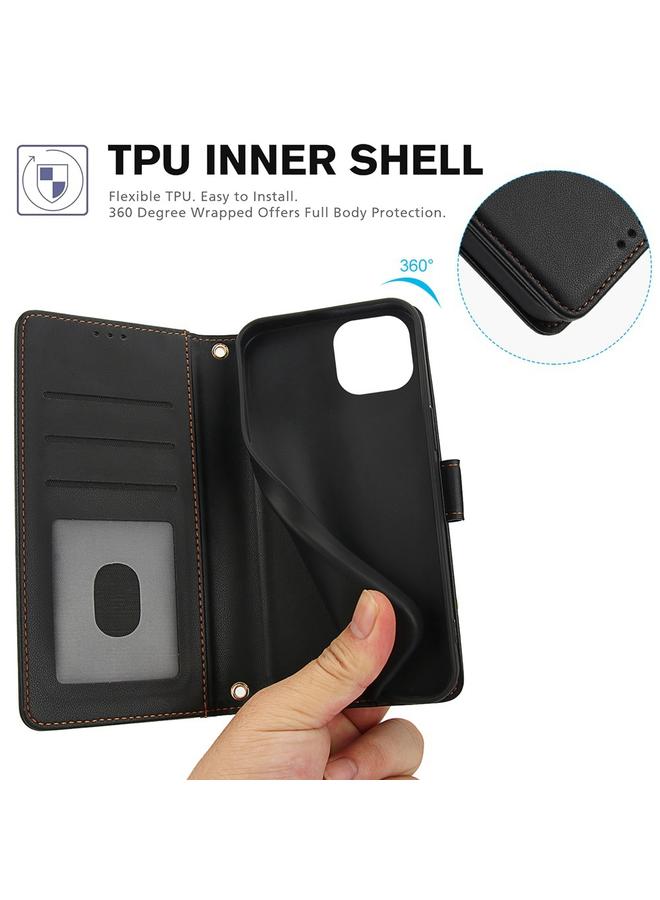 زبون جراب لهاتف iPhone 12 / 12 Pro مصنوع من الجلد بلون نقي وفتحات للبطاقات مع حبل مزدوج - Image 4