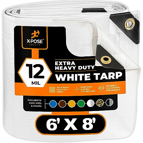 xpose safety Heavy Duty White Poly Tarp 6' X 8' - Multipurpose Protective Cover - Durable, Waterproof, Weather Proof, Rip and Tear Resistant - Extra Thick 12 Mil Polyethylene - by Xpose Safety - Image 1