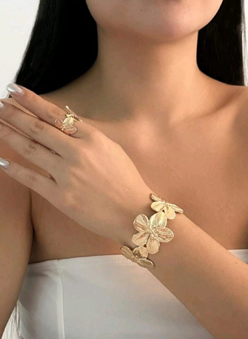 Shein 2pcs/Set Elegant Simple Flower Decor Knuckle Ring & Bangle Bracelet Set, Suitable For Women's Evening Party, Holiday Wear, Festival Gift  - Image 1