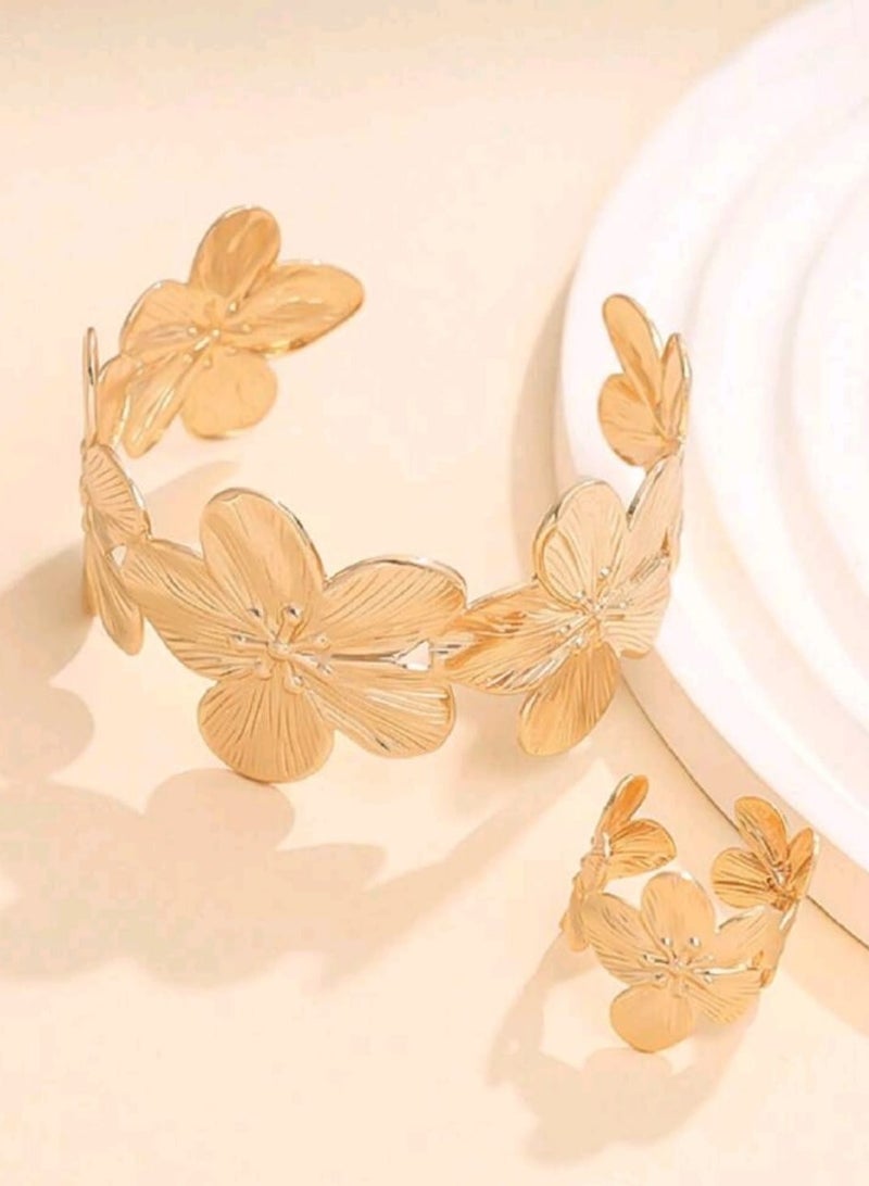 Shein 2pcs/Set Elegant Simple Flower Decor Knuckle Ring & Bangle Bracelet Set, Suitable For Women's Evening Party, Holiday Wear, Festival Gift  - Image 2