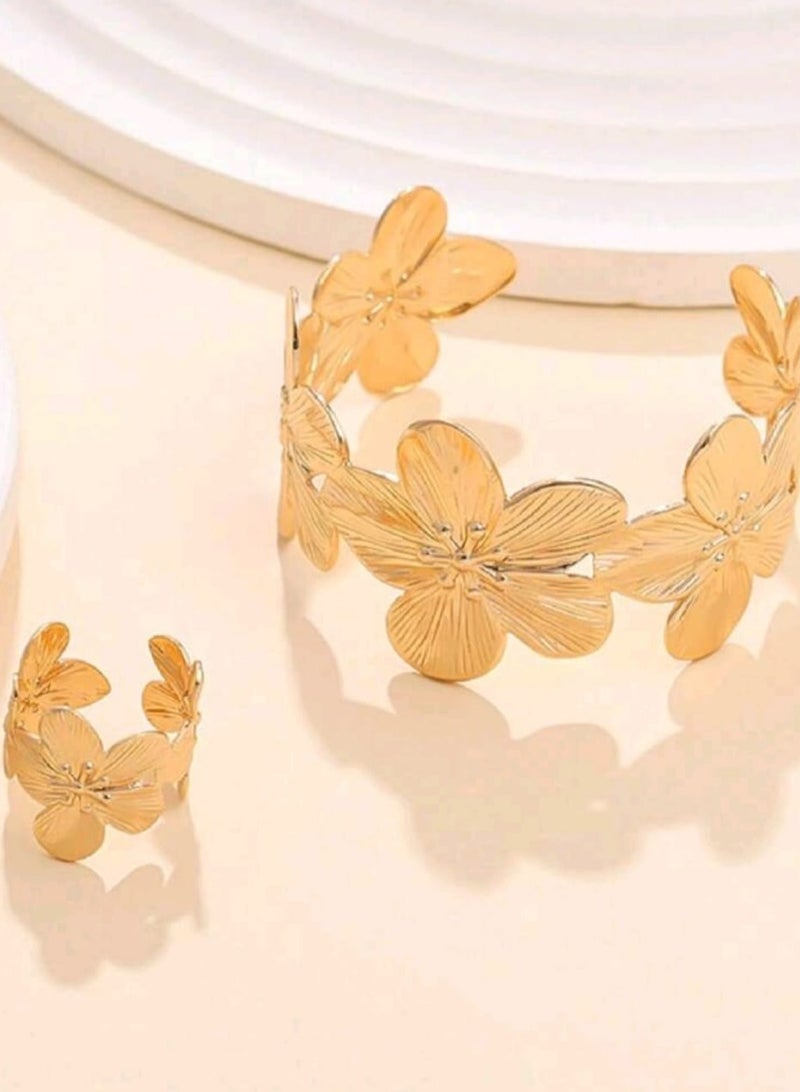 Shein 2pcs/Set Elegant Simple Flower Decor Knuckle Ring & Bangle Bracelet Set, Suitable For Women's Evening Party, Holiday Wear, Festival Gift  - Image 3