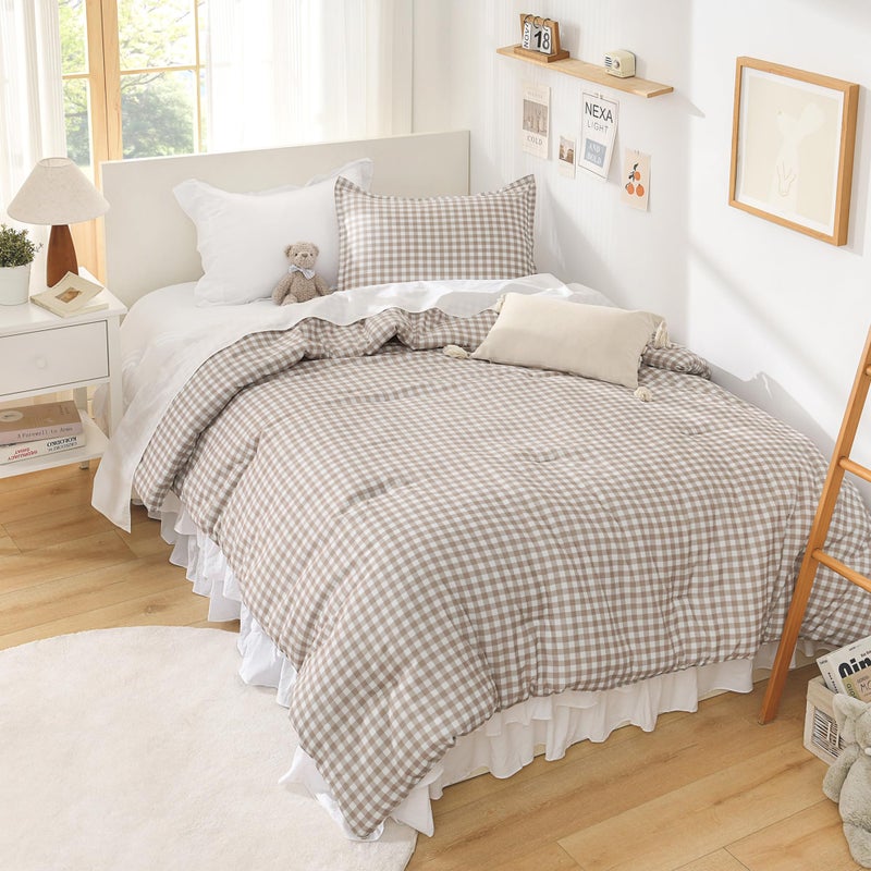 Andency Tan Gingham Comforter Set Twin(66x90Inch), Brown Checkered Grid Plaid Buffalo Bed Set for Girls Boys Kids Teens, 2 Pieces Lightweight Microfiber Geometric Preppy Bedding - Image 1