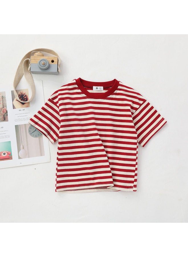 Summer New Children's Clothing Trendy Brand Striped Boys' T-shirt Uni Children's Loose Cotton Short-sleeve Sibling Outfits