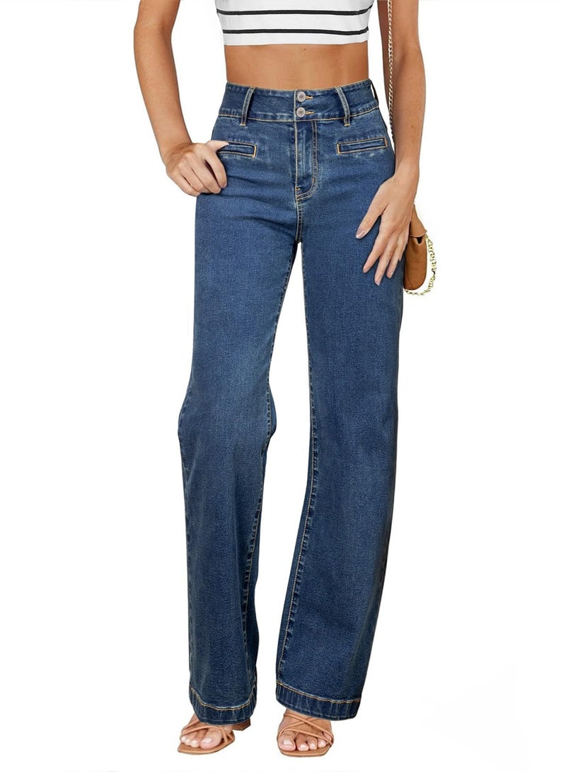Sidefeel Jeans for Women High Waisted Stretchy Wide Leg Trendy Loose Straight Leg Zimbaplatinum Denim Pants Blue Size 4 - Image 1