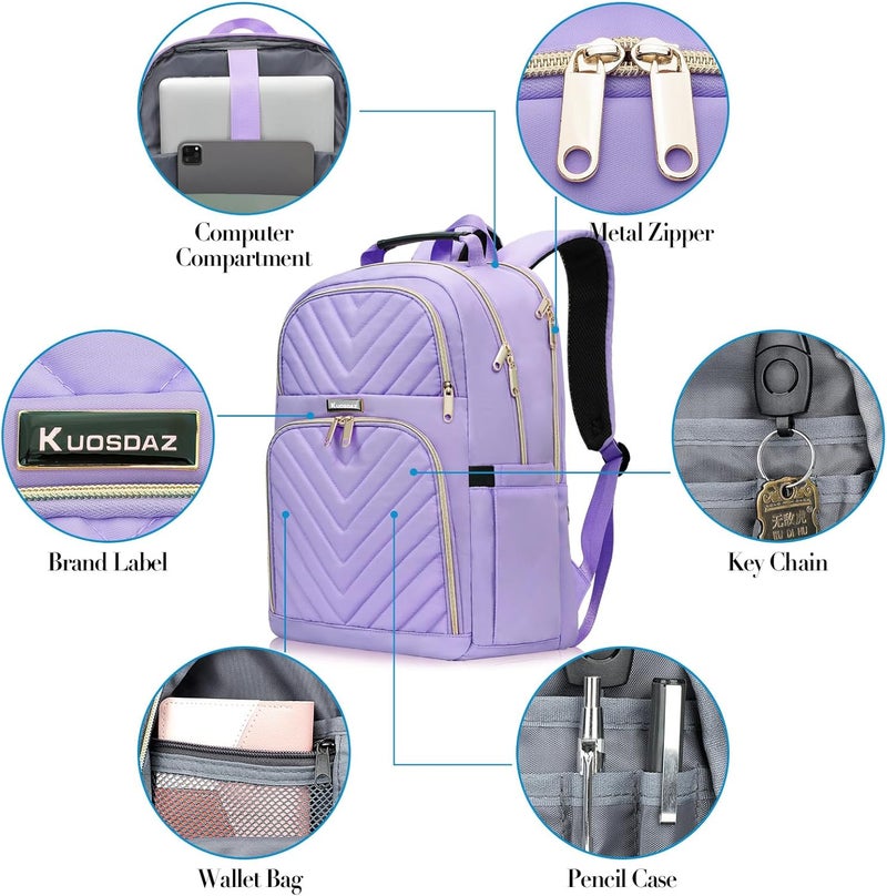 Kuosdaz حقيبة ظهر للنساء، بحجم 15.6 بوصة، مناسبة للمدارس والفتيات المراهقات، مزودة بمنفذ شحن USB، حقيبة عملية وأنيقة، مقاومة للماء، للاستخدام في المدرسة، الجامعة، السفر، أو العمل. - Image 5