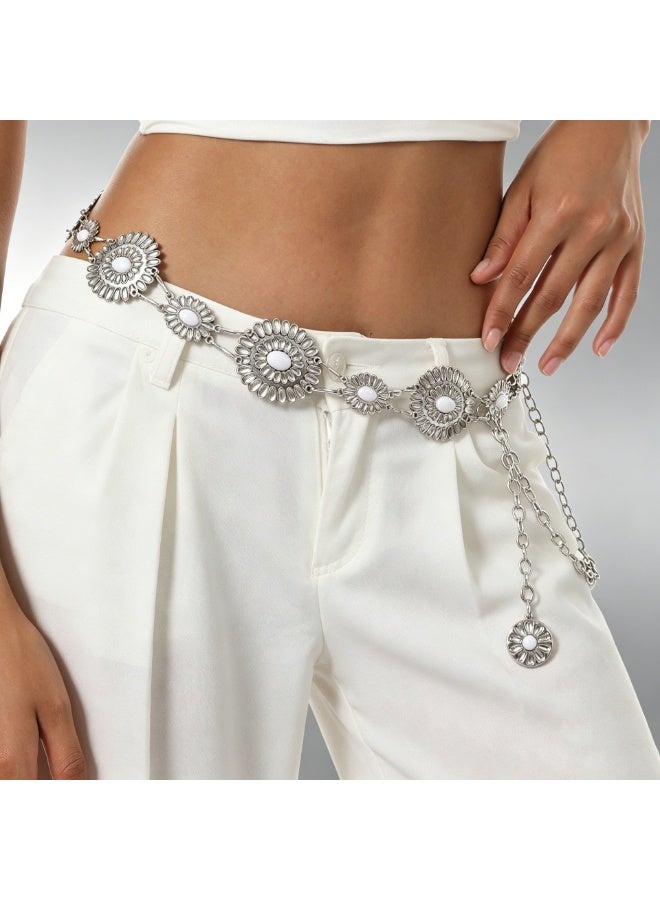 Adjustable Metal Waist Chain Belt with Ornate Medallions, Silver-Tone - Image 1