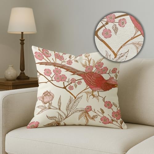 Brick Home Set of 5 Polycotton Printed Cushion Covers 12x12 Inches | Floral & Bird Design | Pastel Blush Pink, Beige & Off-White | Soft Fabric Decorative Pillow Covers for Sofa, Couch & Living Room - Image 3