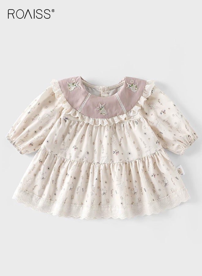roaiss Baby Girls Stylish Dress, Long Sleeve Round Neck A-line Dress for Little Girls, Skin-friendly Breathable Frock with Cartoon Patterns, Suitable for Daily Wear and Outdoor Activities - Image 1