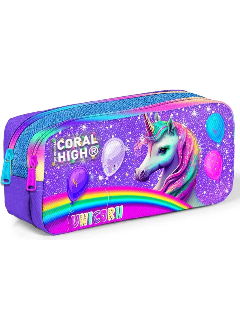 CORAL HIGH Kids Purple Pink Glittery Unicorn Patterned Two Compartment Pencil Bag 12073