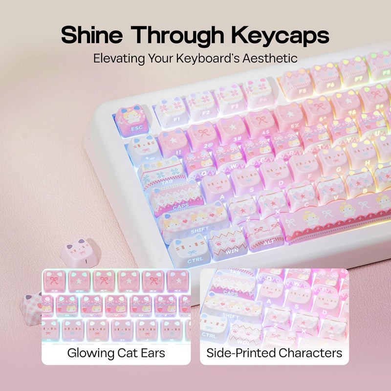 KiiBoom Cute Cat Keycaps Set, Mao Profile, PBT/PC Keycap for MX Switches Mechanical Keyboard, Compatible with 60%, 65%, 75%, TKL, 96%, Full-Sized Layout (Pink Meow) - Image 3