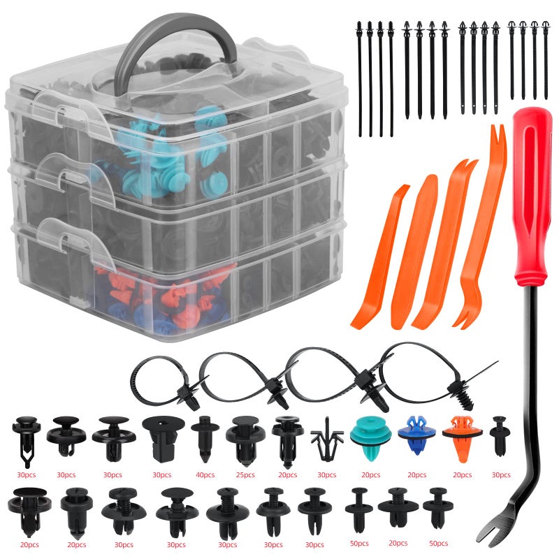 635PCS Plastic Fastener Kit Door Trim Panel Retainers Bumper Push Fasteners Fender Flare Grille Radiator Cover Retainer with 20 Cable Ties and 5 Clip Removers Compatible with Toyota Honda Nissan