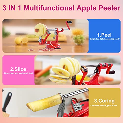 Pautou Apple Peeler, Slicer Corer Potato Peelers 3 In 1, Stainless Steel Heavy Duty with Suction Cup Base And 3 Extra Blades (Red) - Image 3