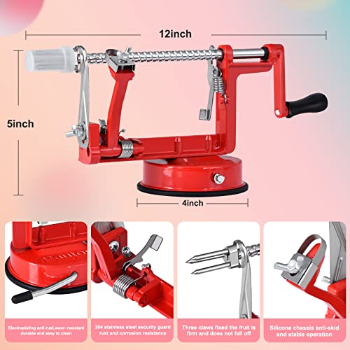 Pautou Apple Peeler, Slicer Corer Potato Peelers 3 In 1, Stainless Steel Heavy Duty with Suction Cup Base And 3 Extra Blades (Red) - Image 2