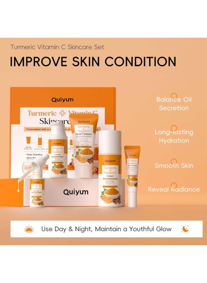 QUIYUM Vitamin C turmeric skin care set,5 Piece Gentle Skin - Turmeric Cleanser,Toner,Serum,Eye Cream,Moisturizer,to Cleanses, Soothing, Hydrating Skin, Skin Care Set for All Skin Type - Image 2