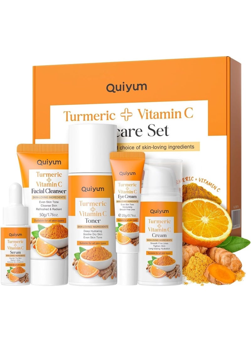 QUIYUM Vitamin C turmeric skin care set,5 Piece Gentle Skin - Turmeric Cleanser,Toner,Serum,Eye Cream,Moisturizer,to Cleanses, Soothing, Hydrating Skin, Skin Care Set for All Skin Type - Image 1