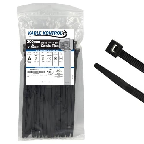 Kable Kontrol Heavy Duty Cable Zip Ties 100 Pcs 8 Inch Black, 120 Lbs Tensile Strength, Self-locking UV Resistant Plastic Nylon Wire Ties, for Indoor or Outdoor Use - Image 1