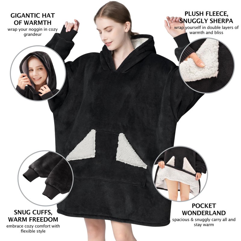 Touchat Wearable Blanket Hoodie, Oversized Sherpa Blanket Sweatshirt with Hood Pocket and Sleeves, Gifts Hooded Blanket for Adult Women Men (Black) - Image 3