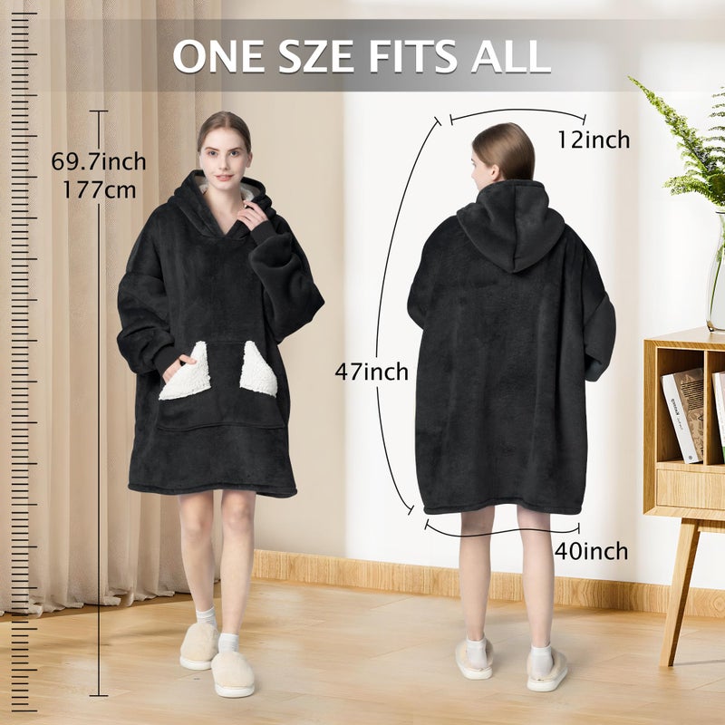 Touchat Wearable Blanket Hoodie, Oversized Sherpa Blanket Sweatshirt with Hood Pocket and Sleeves, Gifts Hooded Blanket for Adult Women Men (Black) - Image 5