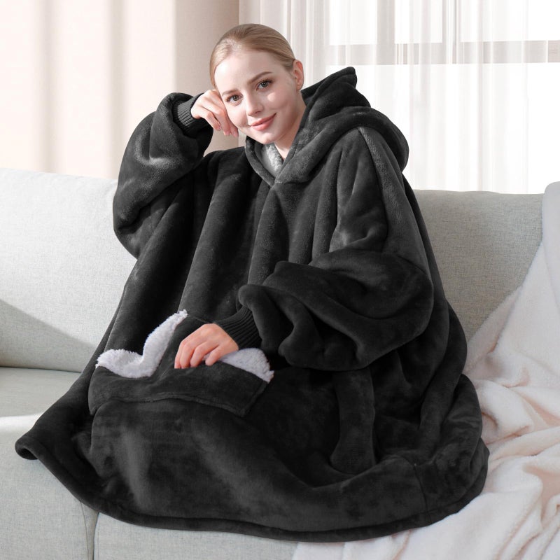 Touchat Wearable Blanket Hoodie, Oversized Sherpa Blanket Sweatshirt with Hood Pocket and Sleeves, Gifts Hooded Blanket for Adult Women Men (Black) - Image 4