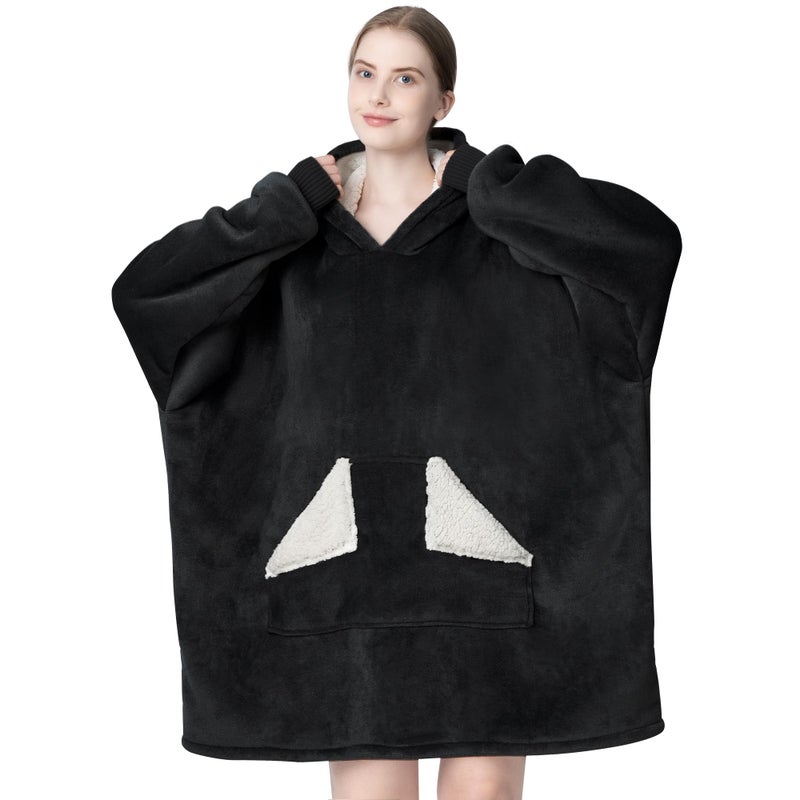 Touchat Wearable Blanket Hoodie, Oversized Sherpa Blanket Sweatshirt with Hood Pocket and Sleeves, Gifts Hooded Blanket for Adult Women Men (Black) - Image 1