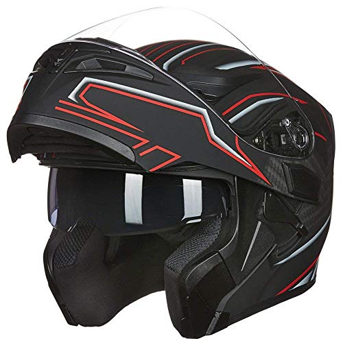 ILM Motorcycle Dual Visor Flip up Modular Full Face Helmet DOT 6 Colors Model 902 (L, Black RED) - Image 1