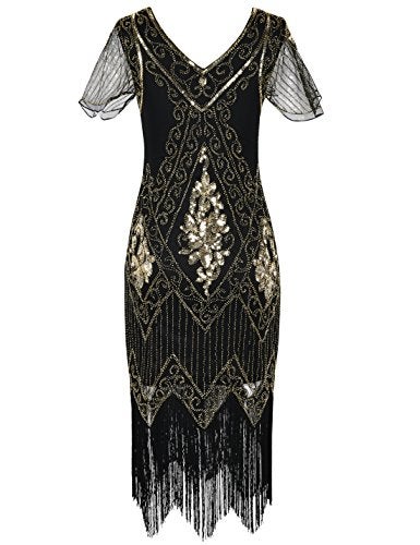 PrettyGuide Women's Flapper Dress Sequin Fringed Cocktail Gatsby Dress with Sleeve M Gold - Image 1