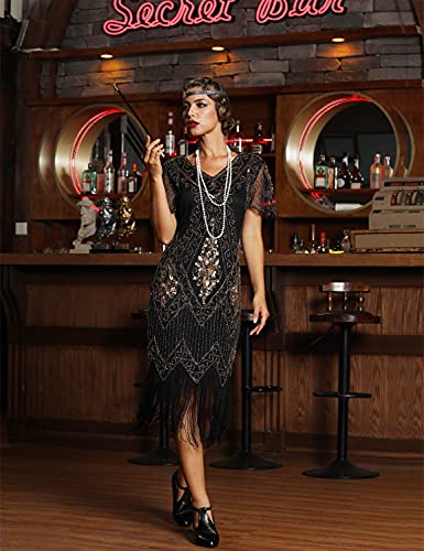 PrettyGuide Women's Flapper Dress Sequin Fringed Cocktail Gatsby Dress with Sleeve M Gold - Image 3