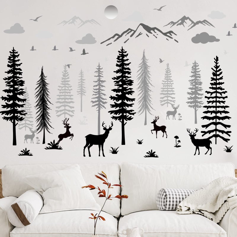 Teling 8 Pieces Winter Snowflake Wall Decals Stickers Dreamy Nursery Forest Woodland Trees Deer Pine Tree Wall Decals for Kids Room Winter DecorBlack White Gray