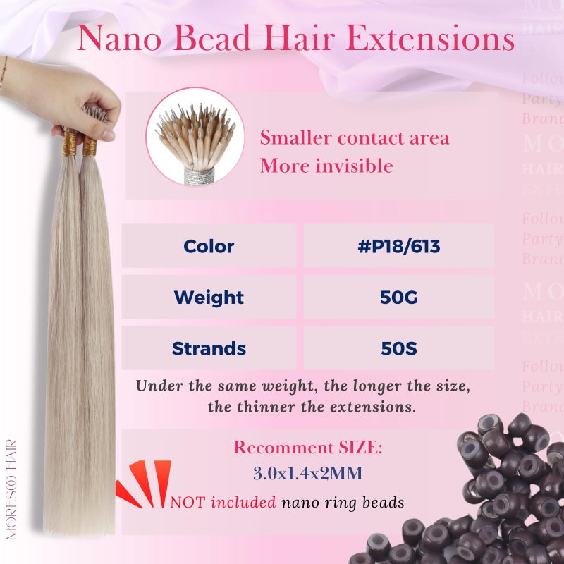 Moresoo Nano Bead Hair Extensions Human Hair Ash Blonde with Blonde Highlight Nano Hair Extensions Human Hair Long Straight Hair Invisible 50G/50S 18 Inch - Image 3