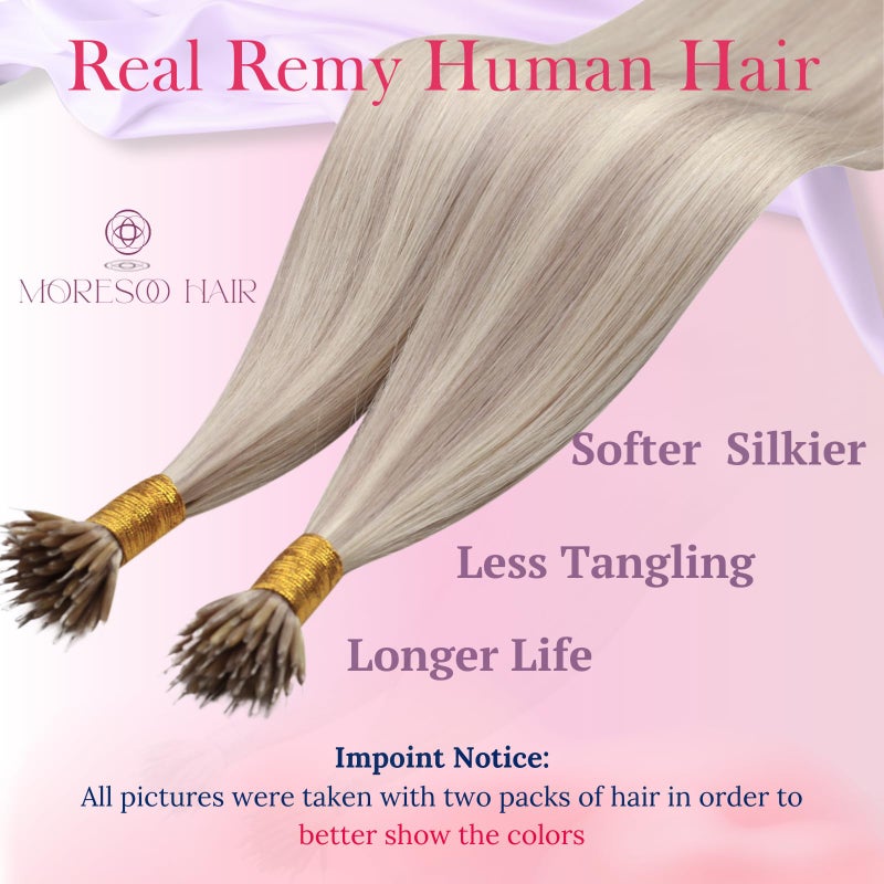 Moresoo Nano Bead Hair Extensions Human Hair Ash Blonde with Blonde Highlight Nano Hair Extensions Human Hair Long Straight Hair Invisible 50G/50S 18 Inch - Image 2