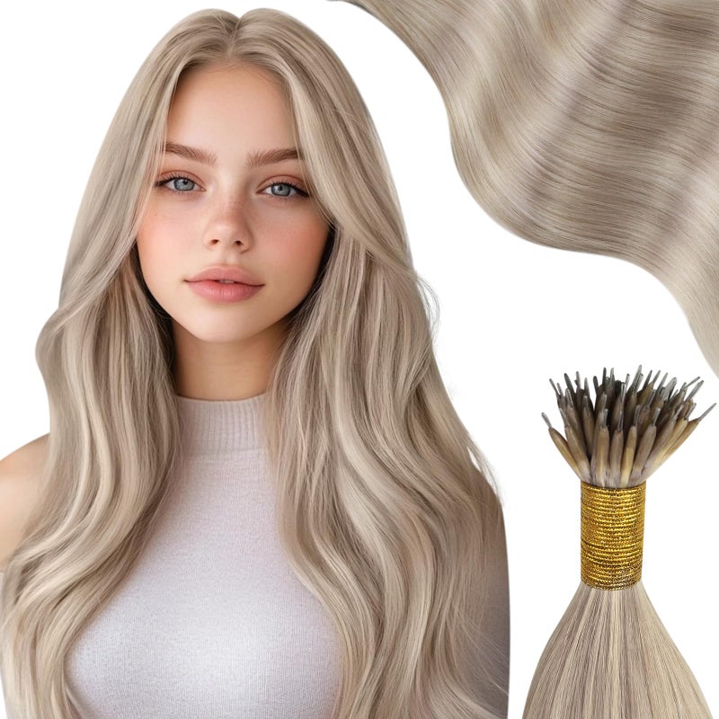 Moresoo Nano Bead Hair Extensions Human Hair Ash Blonde with Blonde Highlight Nano Hair Extensions Human Hair Long Straight Hair Invisible 50G/50S 18 Inch - Image 1