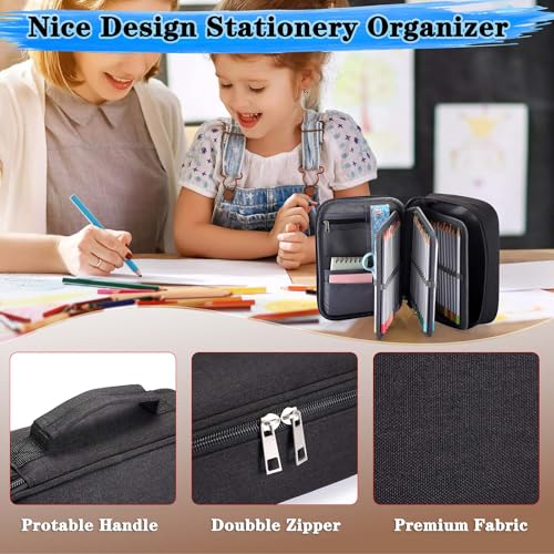 BTSKY حافظة بسكاي® عالية السعة بسحاب - متعددة الوظائف للأدوات المكتبية والقلم الرصاص، 72 فتحة حقائب ملونة محمولة مع 2 أكمام قابلة للإزالة (أسود) - Image 3
