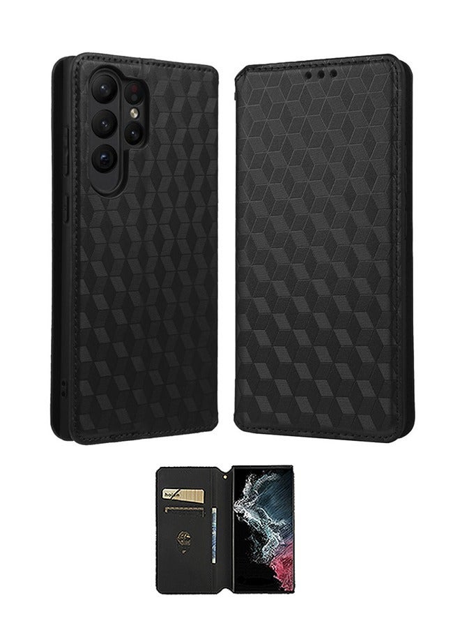 غطاء سامسونج جالاكسي S23 الترا ، غطاء مغناطيسي للمحفظة مع حامل بطاقة ، غطاء حماية مقاوم للصدمات مضاد للاصفرار مضاد للخدش من جلد PU (أسود) - Image 1