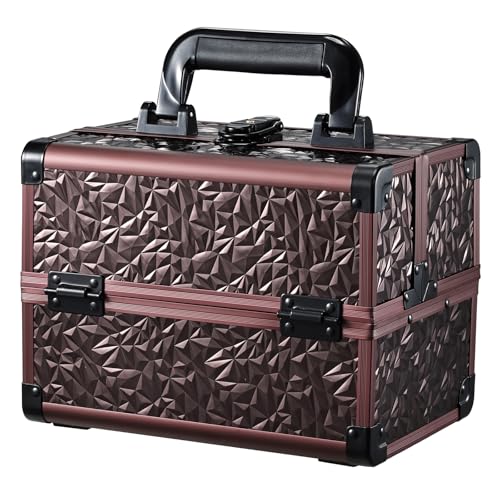 Joligrace Makeup Train Case Cosmetic Box Portable Makeup Case Organizer 2 Trays Makeup Storage with Mirror Locking for Cosmetologist Aesthetic Supplies Nail Tech Traveling Makeup Box Dark Brown - Image 1