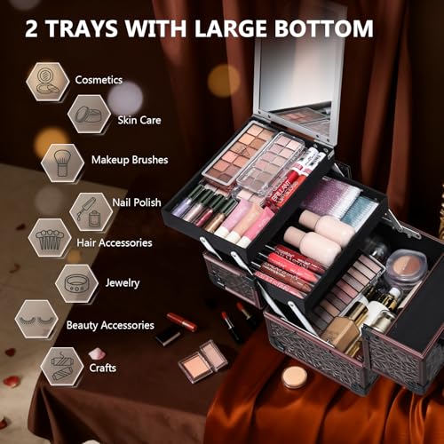 Joligrace Makeup Train Case Cosmetic Box Portable Makeup Case Organizer 2 Trays Makeup Storage with Mirror Locking for Cosmetologist Aesthetic Supplies Nail Tech Traveling Makeup Box Dark Brown - Image 4