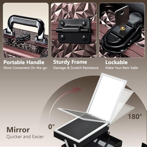 Joligrace Makeup Train Case Cosmetic Box Portable Makeup Case Organizer 2 Trays Makeup Storage with Mirror Locking for Cosmetologist Aesthetic Supplies Nail Tech Traveling Makeup Box Dark Brown - Image 5