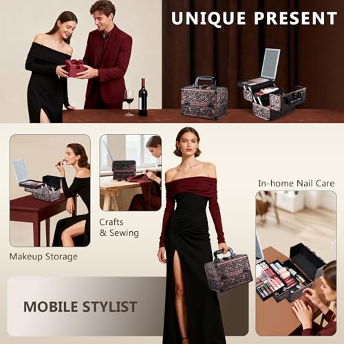 Joligrace Makeup Train Case Cosmetic Box Portable Makeup Case Organizer 2 Trays Makeup Storage with Mirror Locking for Cosmetologist Aesthetic Supplies Nail Tech Traveling Makeup Box Dark Brown - Image 3