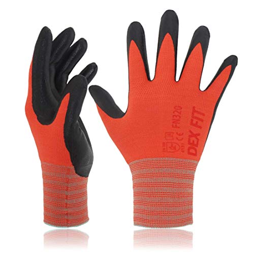DEX FIT Premium Nylon Work Gloves FN320 - Firm Nitrile Grip, 3D-Comfort Stretchy Fit, Thin & Lightweight, Protective & Durable, Breathable, Machine Washable; Red 9 (L) 3 Pairs - Image 1