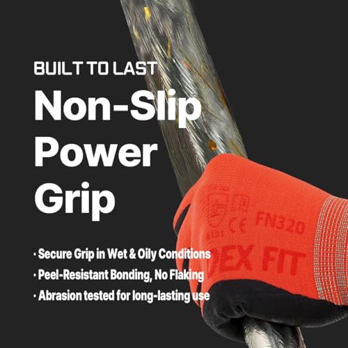DEX FIT Premium Nylon Work Gloves FN320 - Firm Nitrile Grip, 3D-Comfort Stretchy Fit, Thin & Lightweight, Protective & Durable, Breathable, Machine Washable; Red 9 (L) 3 Pairs - Image 3