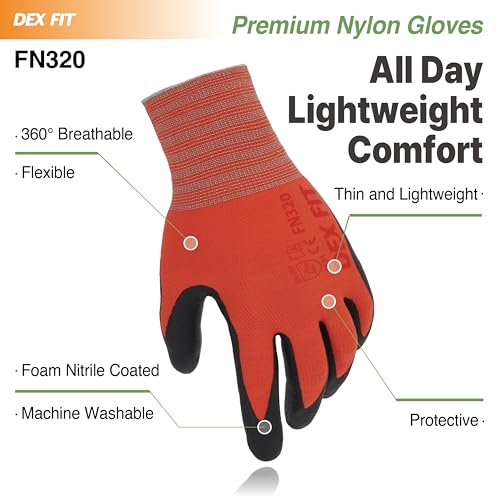 DEX FIT Premium Nylon Work Gloves FN320 - Firm Nitrile Grip, 3D-Comfort Stretchy Fit, Thin & Lightweight, Protective & Durable, Breathable, Machine Washable; Red 9 (L) 3 Pairs - Image 4