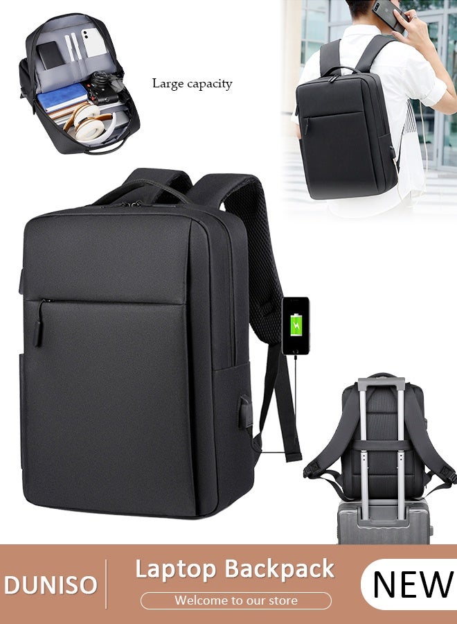DUNISO حقيبة ظهر للكمبيوتر المحمول للسفر مضادة للسرقة، حقيبة كمبيوتر محمول رفيعة ومتينة مع منفذ شحن USB، مقاومة للماء، حقيبة كمبيوتر مدرسية جامعية، هدايا للرجال والنساء، تناسب دفتر ملاحظات مقاس 15.6 بوصة باللون الأسود - Image 1