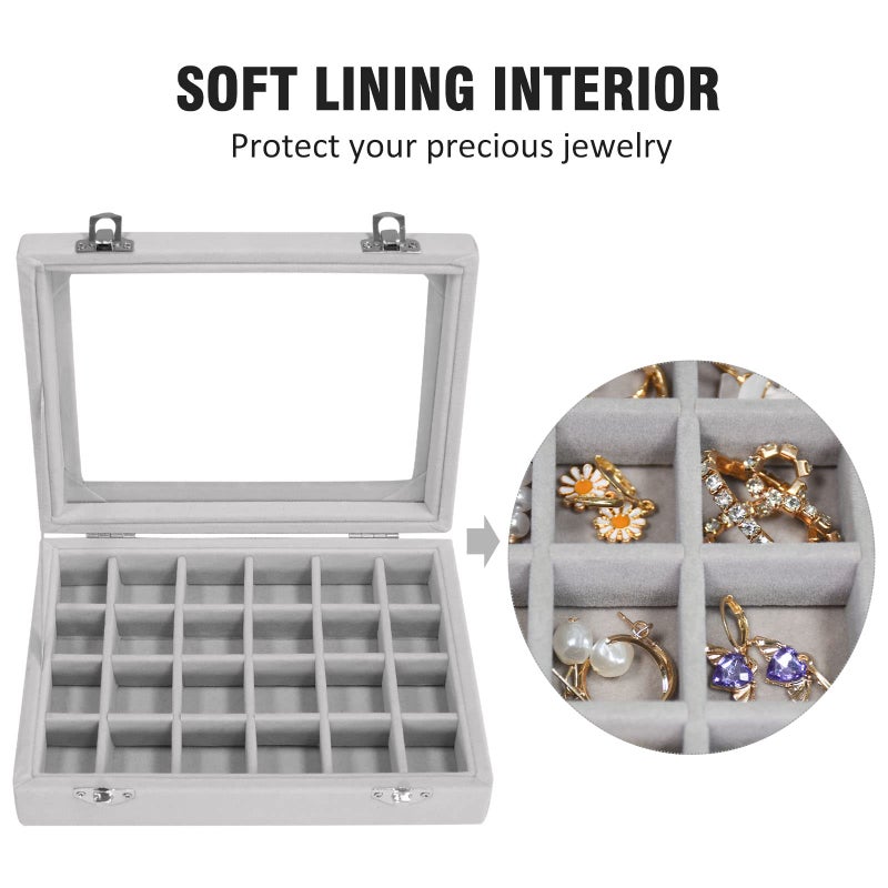 Vicoter Velvet Jewelry Box 24 Grid Jewelry Ring Display Organiser Box Tray Holder Earrings Storage Case for Girls Wife Mom Women (Gray) - Image 3