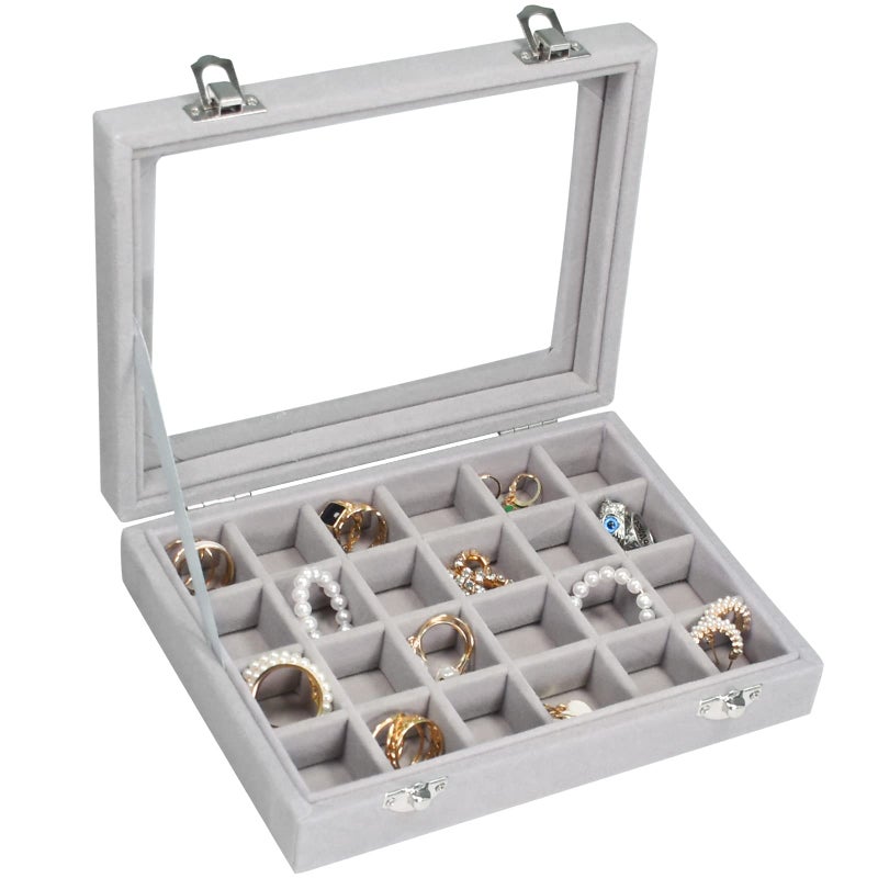 Vicoter Velvet Jewelry Box 24 Grid Jewelry Ring Display Organiser Box Tray Holder Earrings Storage Case for Girls Wife Mom Women (Gray) - Image 1