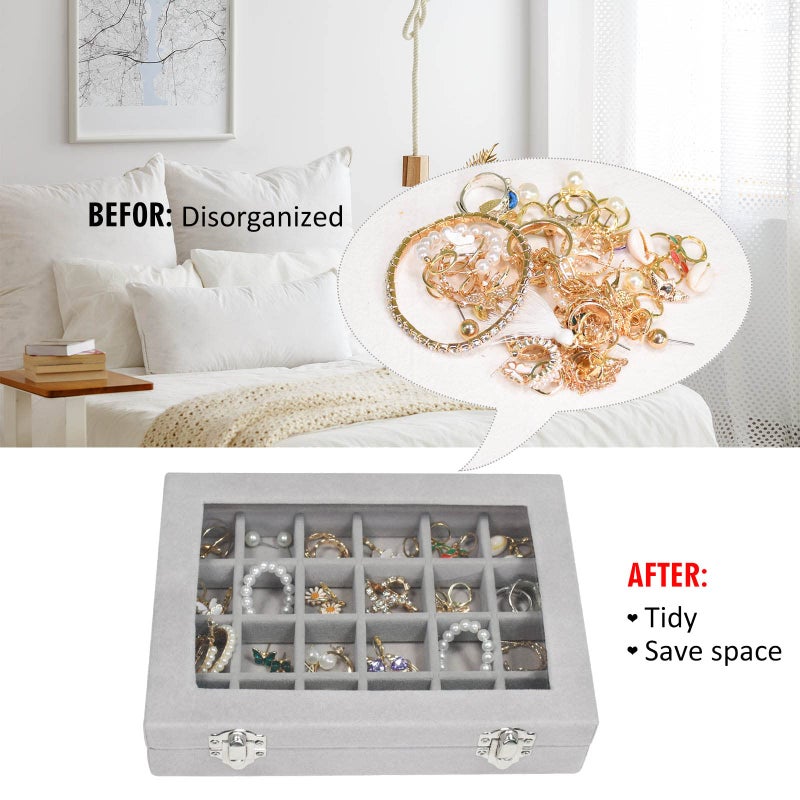 Vicoter Velvet Jewelry Box 24 Grid Jewelry Ring Display Organiser Box Tray Holder Earrings Storage Case for Girls Wife Mom Women (Gray) - Image 5