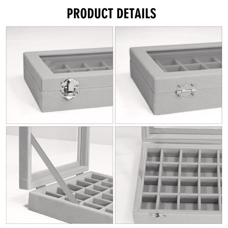 Vicoter Velvet Jewelry Box 24 Grid Jewelry Ring Display Organiser Box Tray Holder Earrings Storage Case for Girls Wife Mom Women (Gray) - Image 4