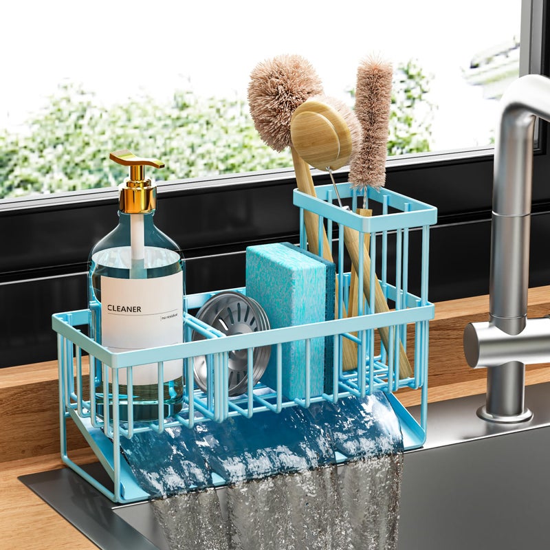Cisily Blue Kitchen Sink Caddy Organzier with High Brush Holder Sponge Holder for Sink 304 Rustproof Stainless Kitchen Countertop Soap Dispenser Organizer Home Decor and Accessories