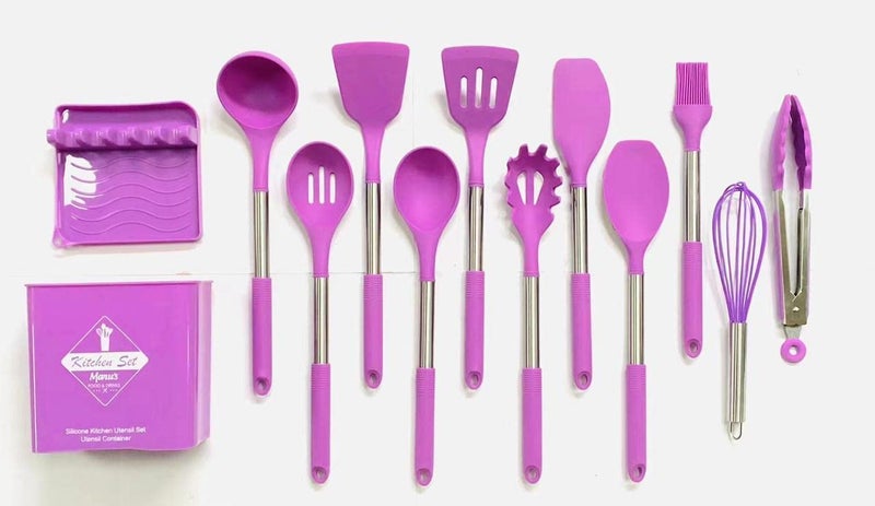 Cherryland 11 Pcs Silicone Kitchen Utensils Set Cooking Utensils Set with Heat Resistant BPAFree Silicone and Stainless Steel Handle Kitchen Tools Set Purple 11 Pcs Steel Handle spaula Purple - Image 1